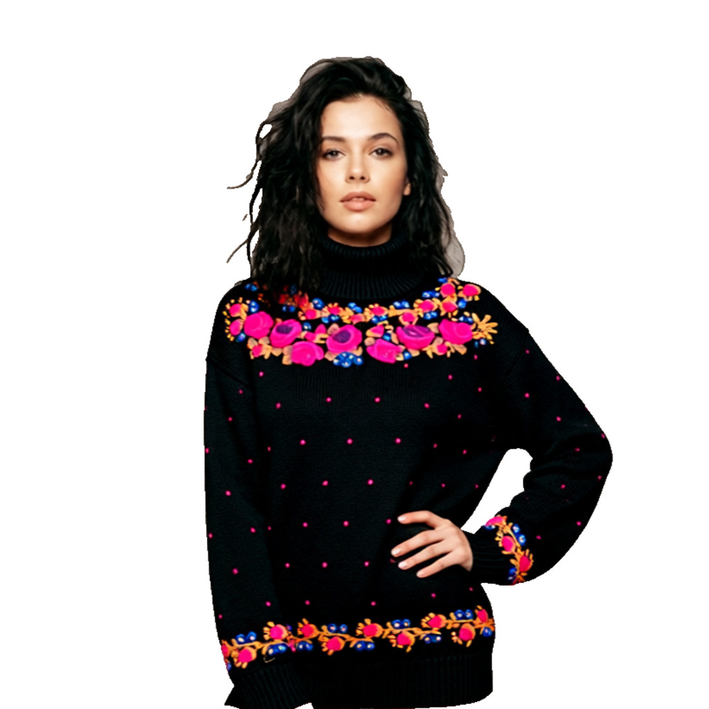 Vintage Work in Progress Gladys Bagley navy with flower embroidery sweater S